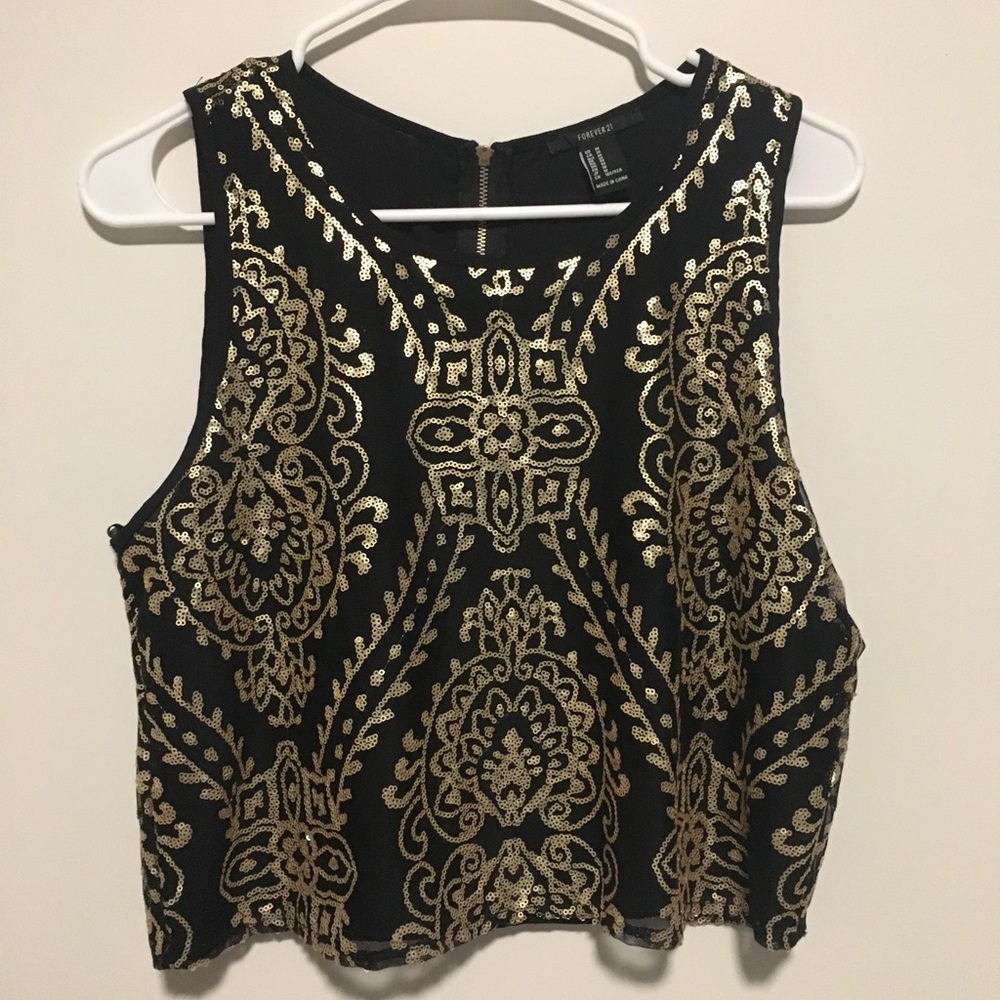 Black crop top with gold sequin detail